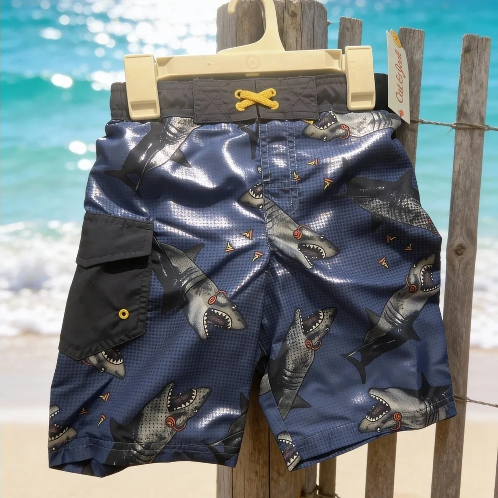 Cat & Jack Boys Shark Swim Trunks S (6/7) Blue NWT